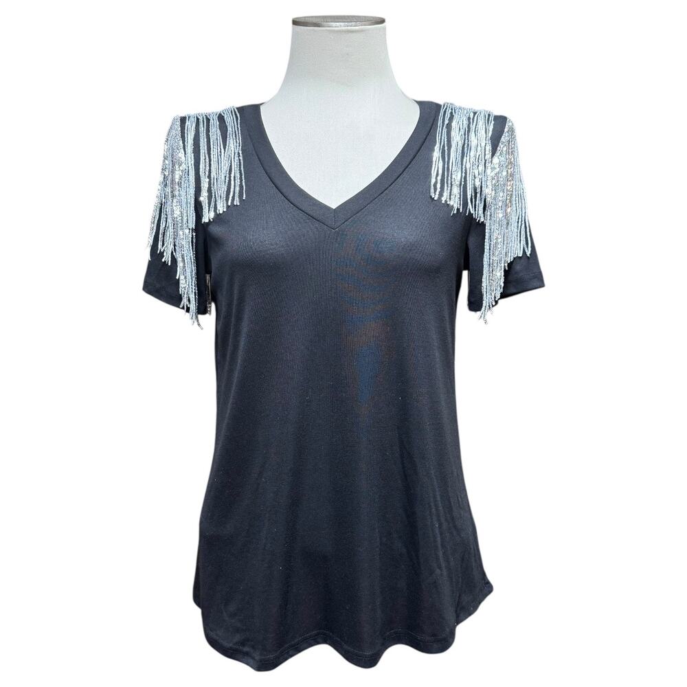 Crazy Train Everything That Glitters Fringe T-Shirt Top Black Silver Small